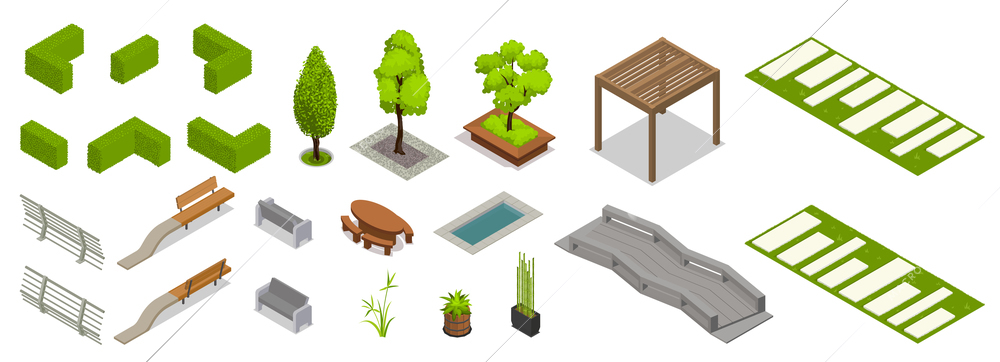 Set of isolated landscape design isometric elements with icons of fence hedgerow pieces trees and benches vector illustration