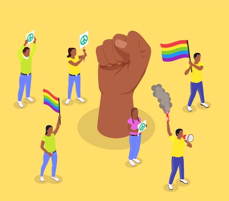 Public protest demonstration isometric composition with fist and characters of rioters with lgbt and antiglobalism symbols vector illustration