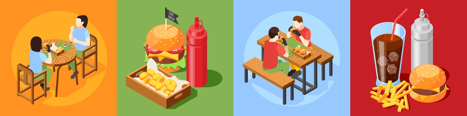 Burger house isometric design concept with 4x1 set of fast food meal compositions with visitor characters vector illustration