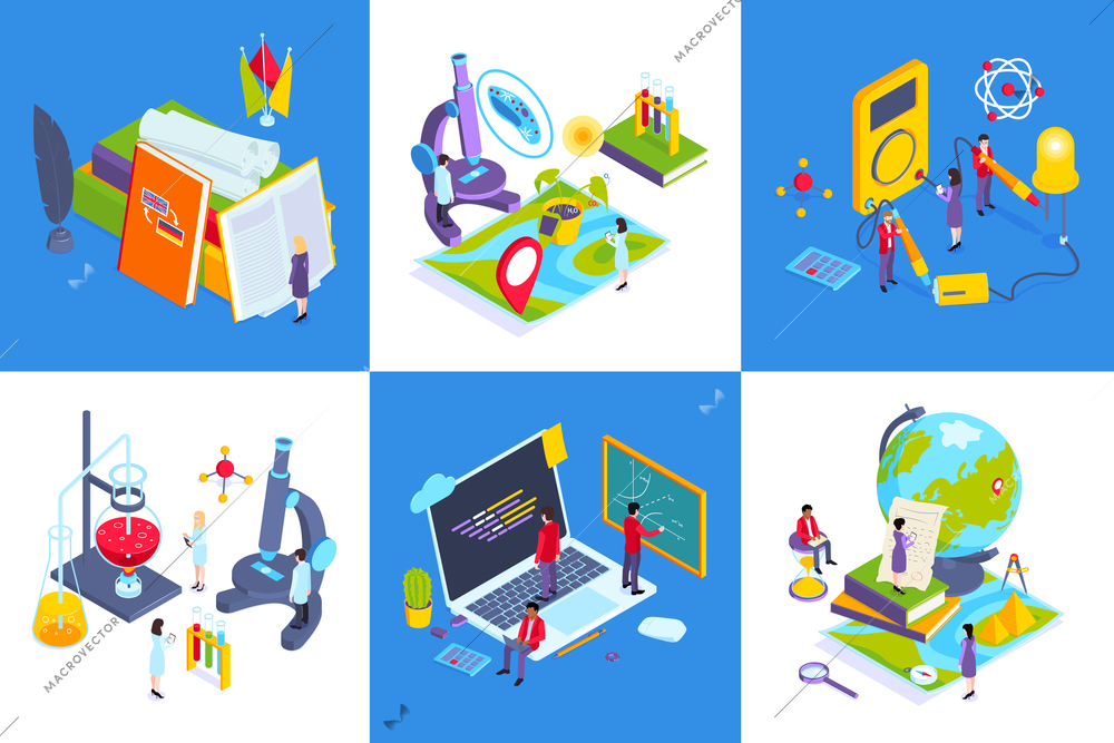 School subjects contemporary education concept 6 isometric compositions with chemistry lab computer science class geography vector illustration