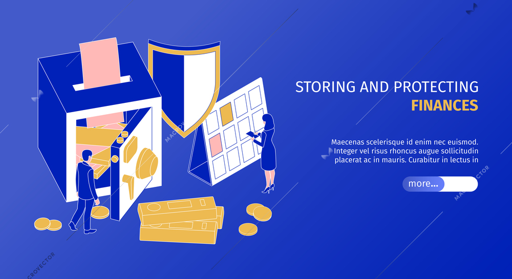 Finance storing and protecting service landing page with safe lock box horizontal isometric web banner vector illustration