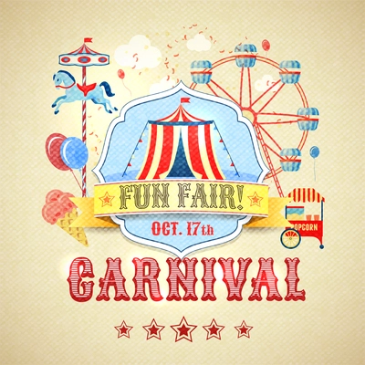 Vintage carnival fun fair theme park advertising poster vector illustration