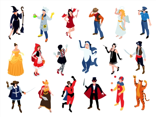 Isometric festive masquerade carnival party costumes set with isolated human characters wearing partysuits on blank background vector illustration