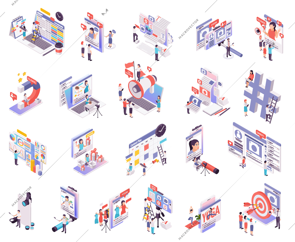 Blogging and vlogging isometric icons set of people making internet content for blog or vlog vector illustration