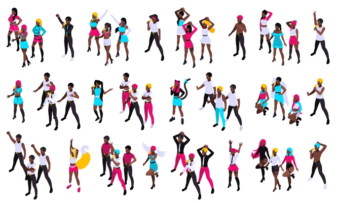 Groups of young people singing pop music and dancing with microphones isometric set isolated vector illustration