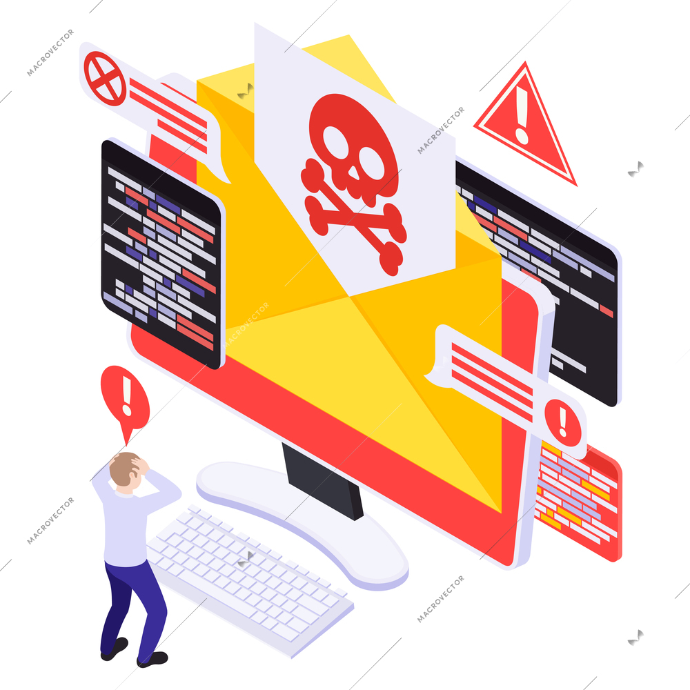 Cyber security isometric design concept with mailing envelope with email spyware and warning signs vector illustration