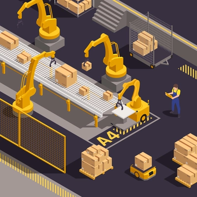 Modern warehouse equipment isometric composition with computer controlled robotic arms loading and sorting cargo packages vector illustration