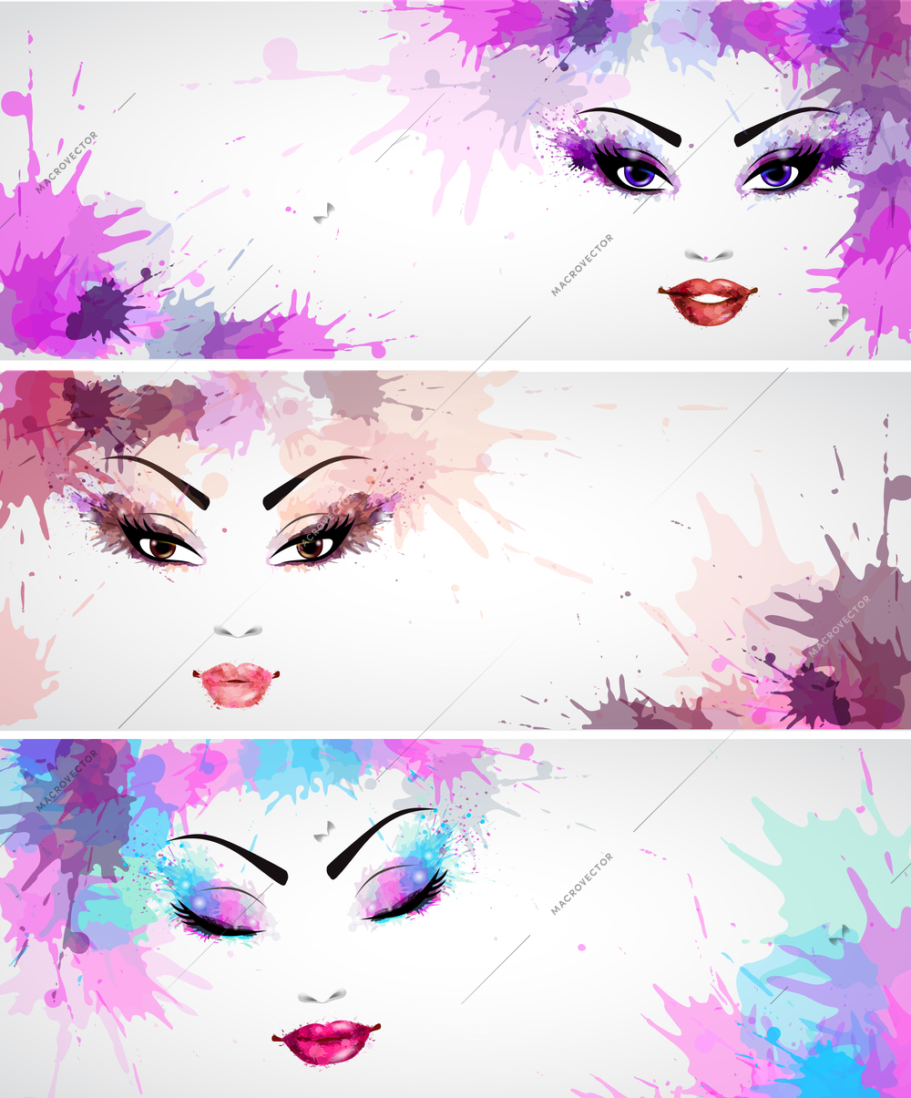 Set of banners with fashion abstract woman grunge face with purple pink blue make-up vector illustration