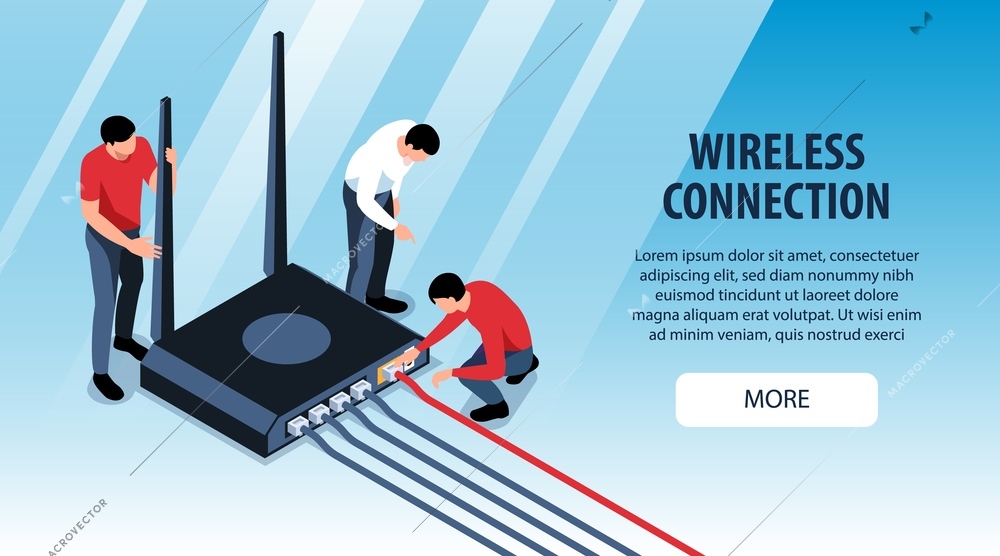 Isometric horizontal banner with three sysadmins fixing wireless internet router 3d vector illustration