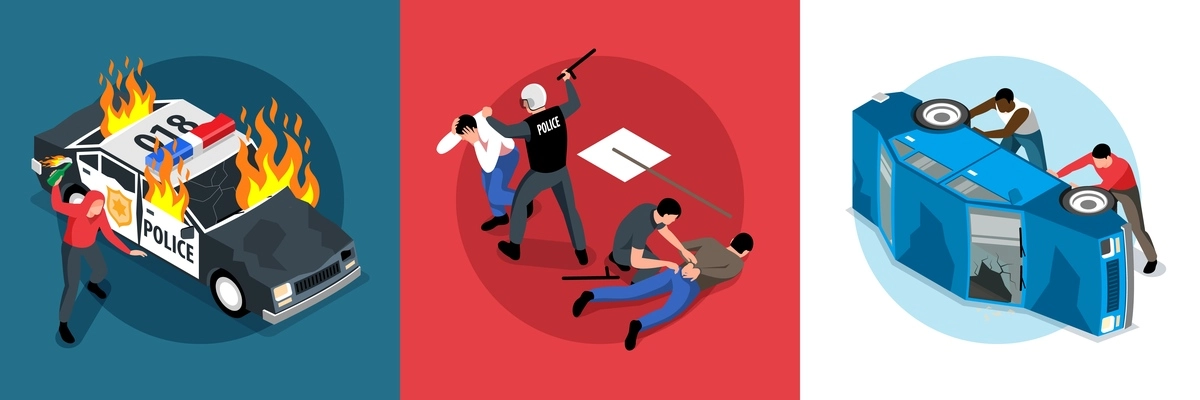 Protest action isometric design concept with damaged cars and officers fighting with angry people 3d isolated vector illustration