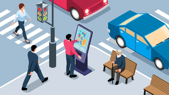 Man using interactive touch screen panel in city street 3d isometric horizontal vector illustration