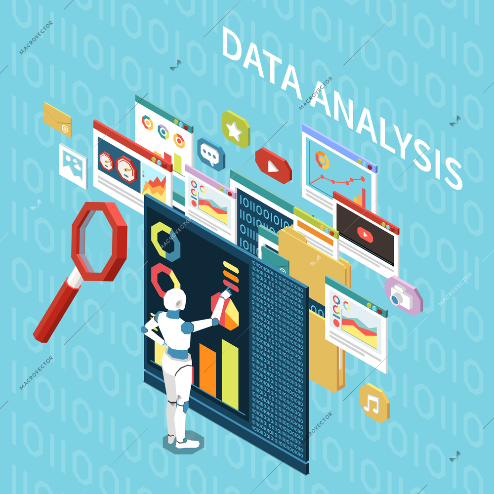 Artificial intelligence isometric composition with data analysis pictograms computer windows and character of robot with text vector illustration