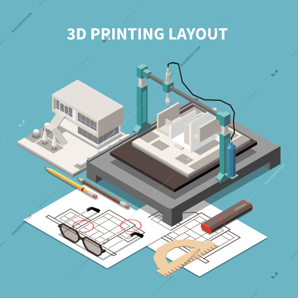 Architect isometric composition with text and images of 3d printing layout with project paperwork and building vector illustration