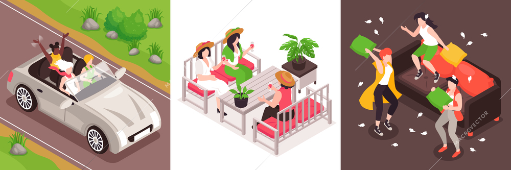 Isometric women friends design concept with square compositions of girls riding car fighting pillows drinking wine vector illustration