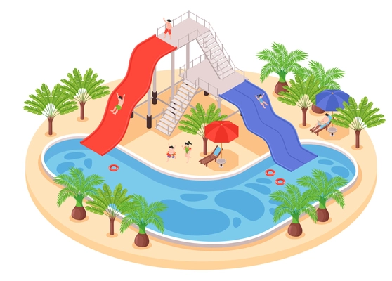 Isometric hotel water park composition with people relaxing near pool with slides surrounded by exotic trees vector illustration