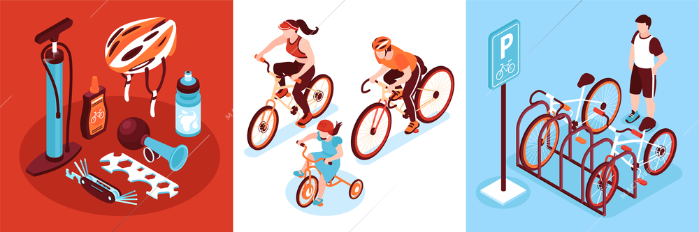 Isometric bicycle design concept with square compositions of riders with parking rack and cycling gear images vector illustration