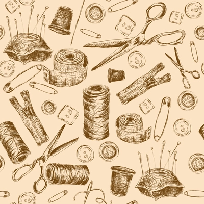 Sewing sketch seamless pattern with thread spool needle pillow scissors vector illustration.