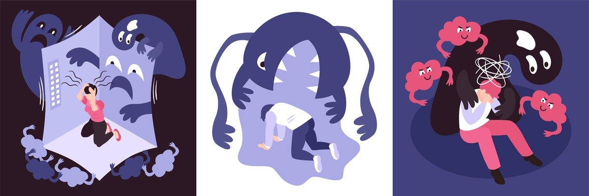 Isometric panic attack people design concept with human characters trapped in the grip of scary monsters vector illustration