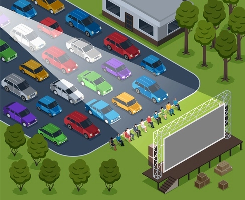 Isometric cinema outdoor composition with open air scenery rows of cars and sitting people with screen vector illustration