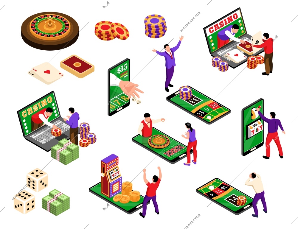 Isometric online casino set with isolated conceptual icons of smartphone gaming tables for roulette and cards vector illustration