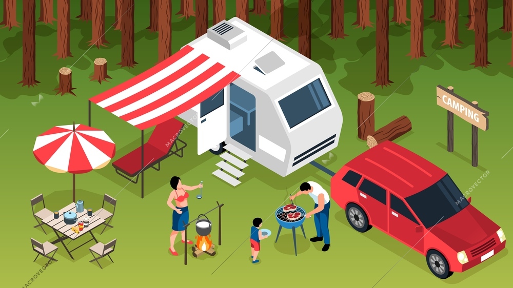 Isometric family trip horizontal composition with outdoor forest scenery camper van and family members making barbecue vector illustration