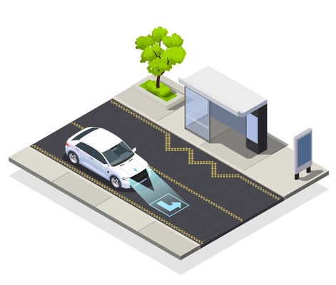 Smart city technologies isometric composition of road with bus stop and moving car equipped with scanner vector illustration