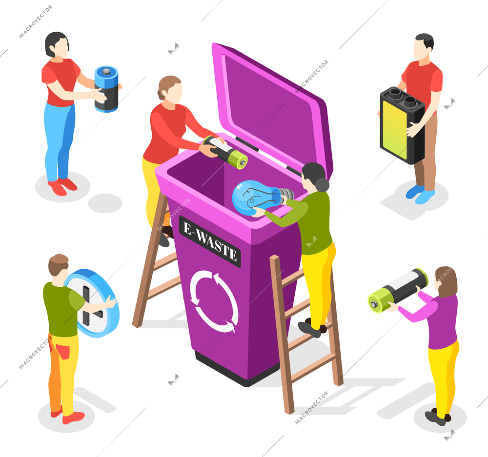 Electronic garbage isometric composition with faceless human characters holding dead batteries and lamps with trash bin vector illustration