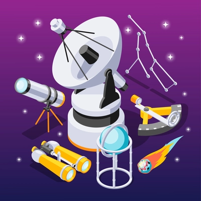 Astronomy isometric composition with icons of observational appliances with constellations of stars on purple gradient background vector illustration