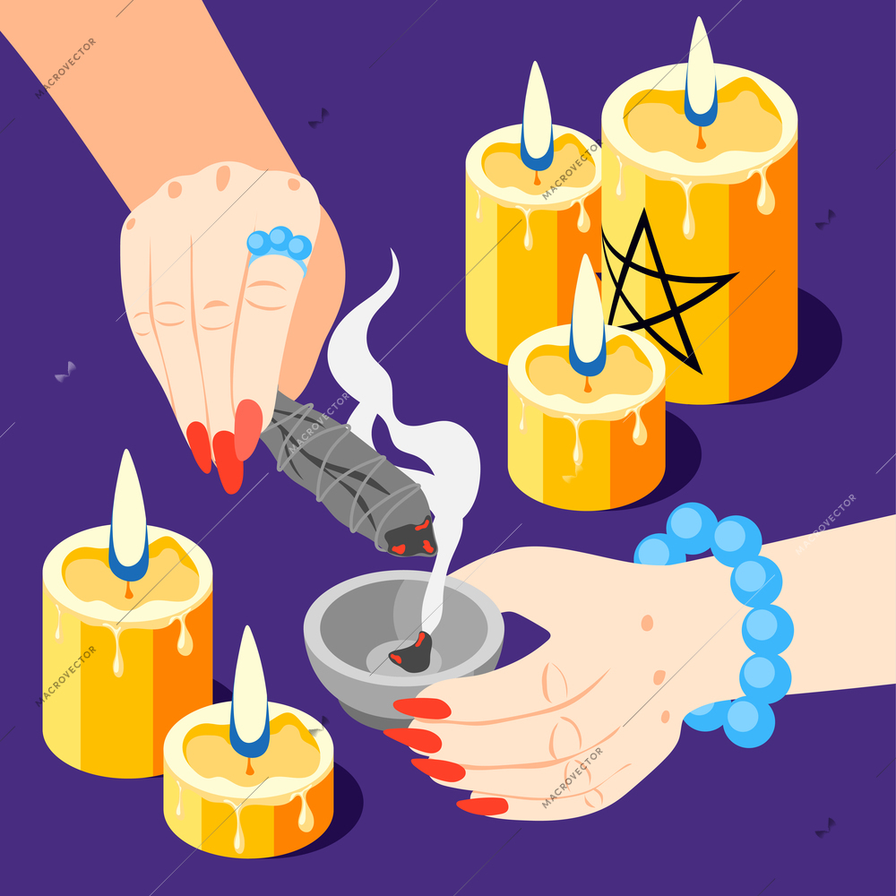 Magical services isometric composition with images of burning candles and fortune teller hands performing spodomancy ritual vector illustration