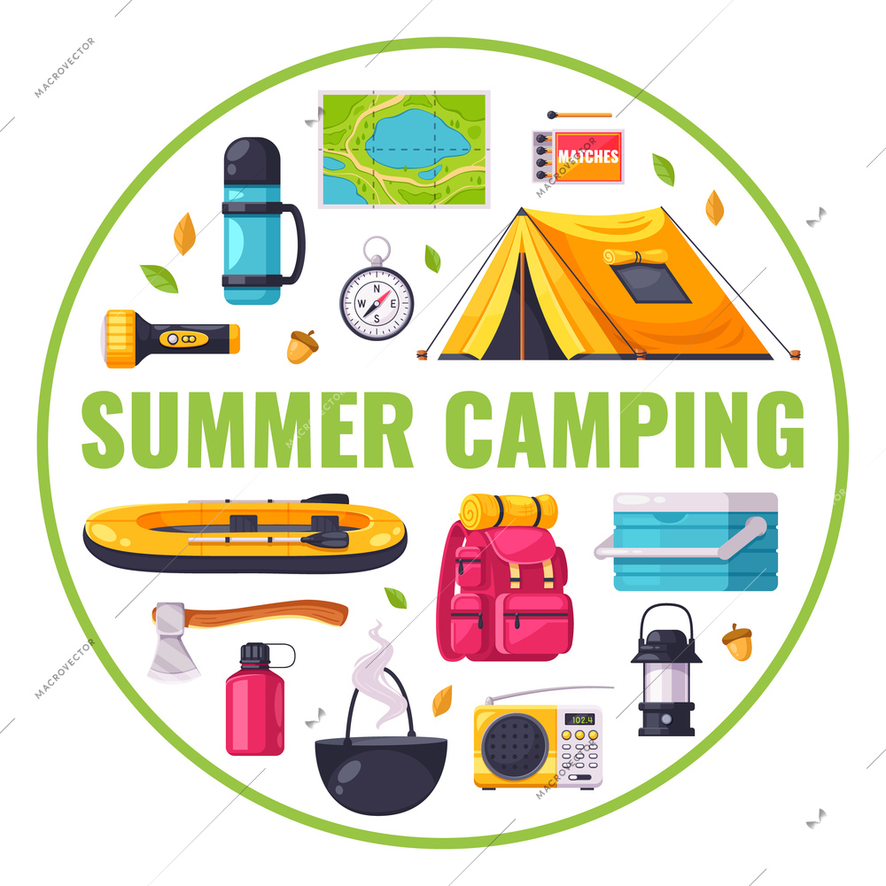 Cartoon composition with equipment for summer camping icons in circle on white background isolated vector illustration