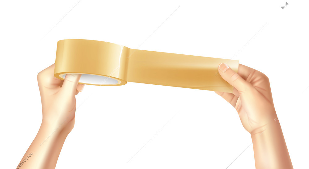 Colored and realistic sticky golden and shiny adhesive tape in hands composition vector illustration