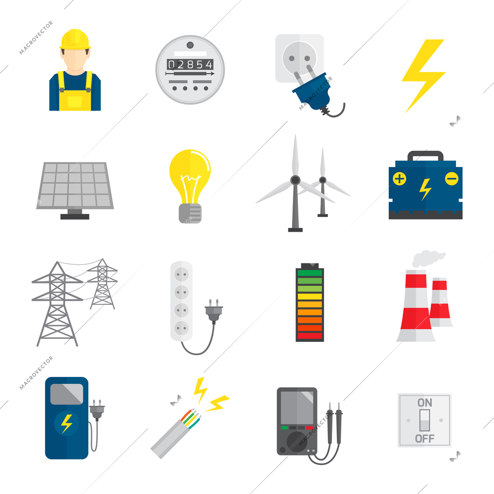 Set of electricity energy accumulator icons in flat style vector illustration