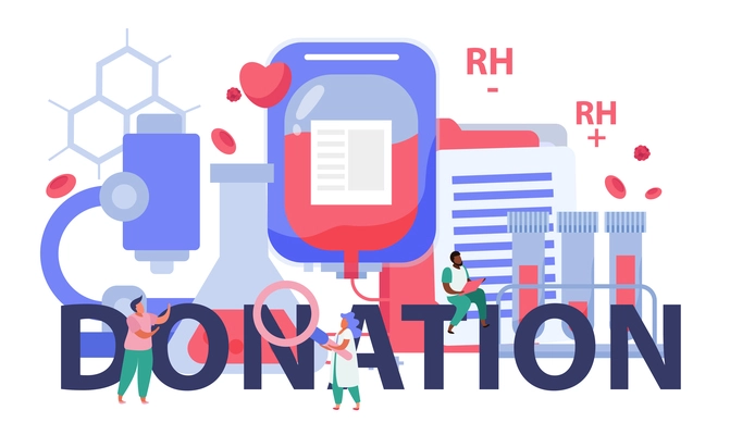 Blood donation concept with blood test and transfusion symbols flat vector illustration