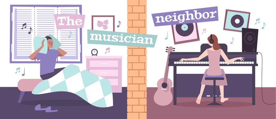 House neighbors background with loud music lessons symbols flat vector illustration
