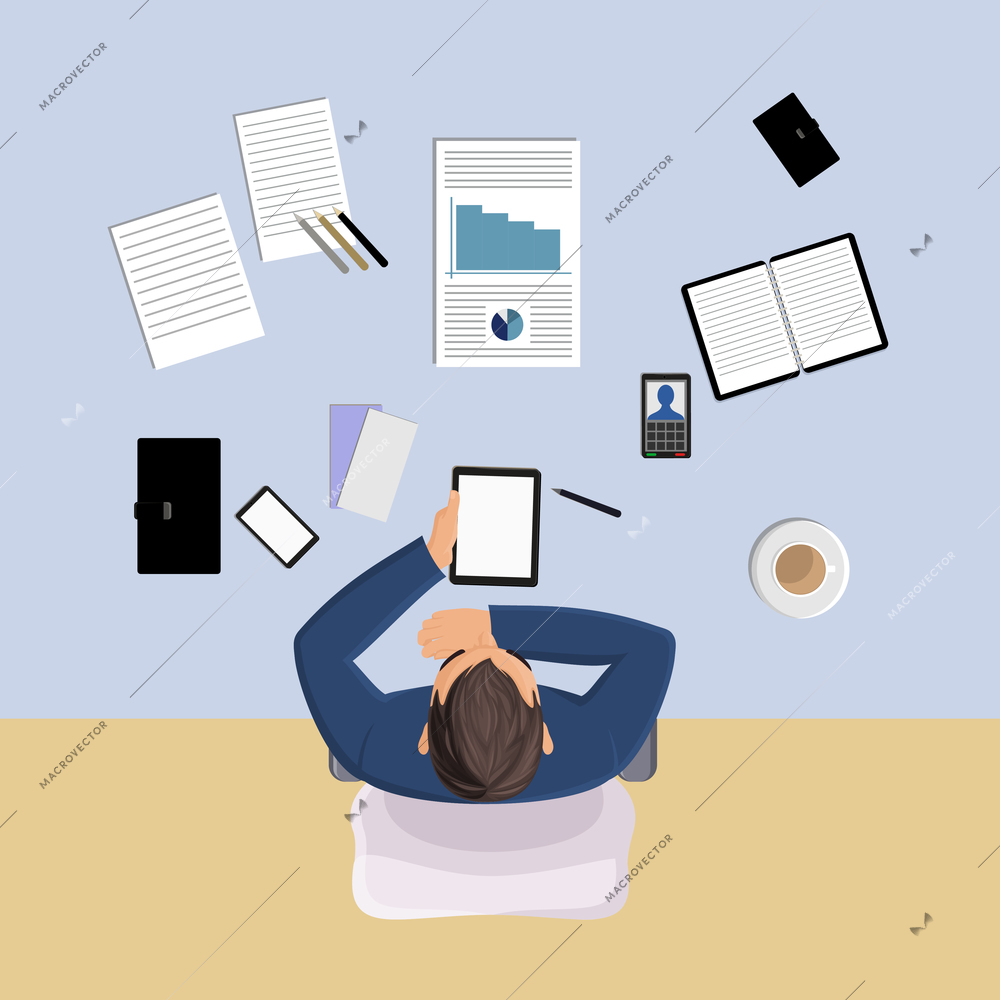 Office worker on table with papers top view vector illustration