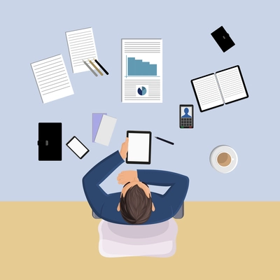 Office worker on table with papers top view vector illustration