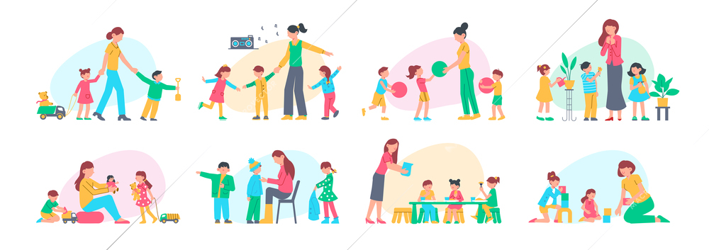 Set of kindergarten color compositions with doodle style human characters of nursery teacher playing with kids vector illustration