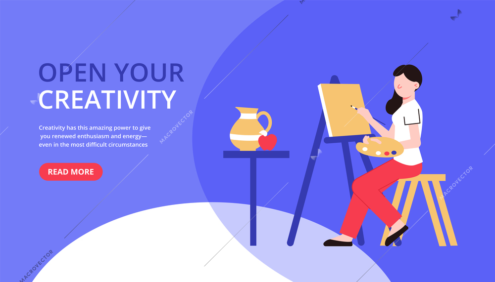 Artist creative professions horizontal banner with female character of painter with easel editable text and button vector illustration