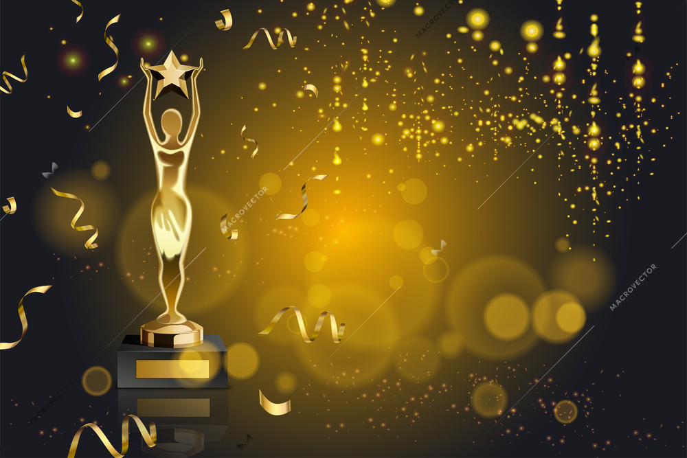 Realistic awards background with composition of flare lights golden confetti and trophy with figurine holding star vector illustration