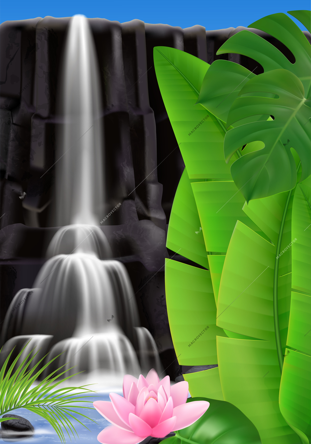 Realistic tropical waterfall background with outdoor scenery and water flows on mountain rock with exotic leaves vector illustration