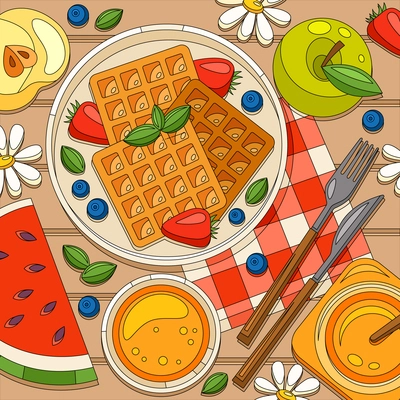 Coloring breakfast waffles composition with top view of wooden dining table with fruit slices and honey vector illustration