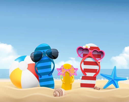 Summer composition with colorful family thong sandals sunglasses ball on beach realistic vector illustration