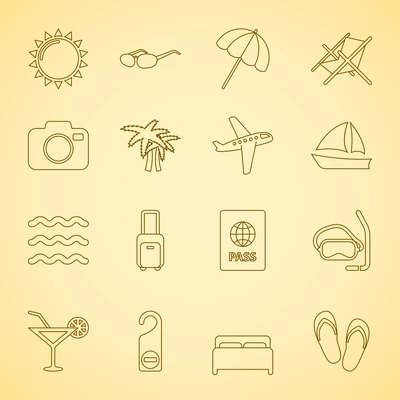 Generic travel iconset for vacation and holidays, contour flat isolated vector illustration