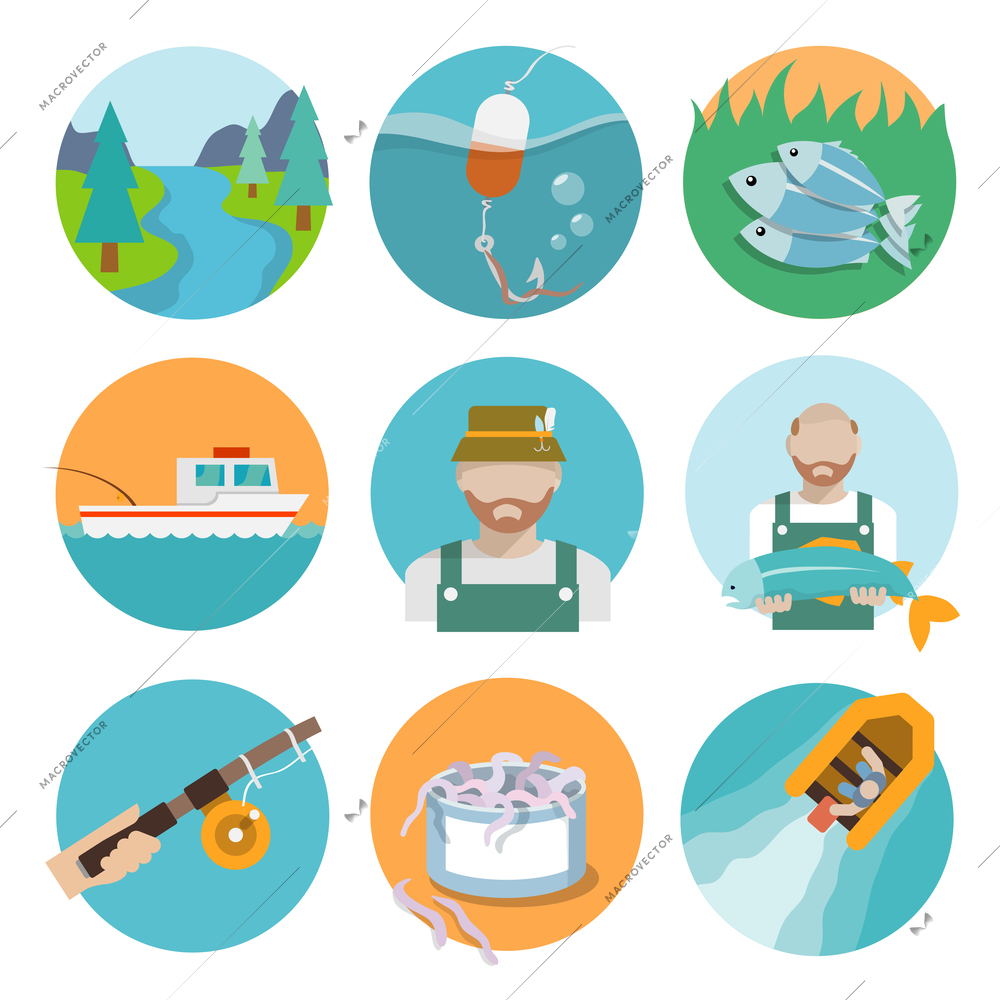 Set of river fisherman boat rod icons in flat style on circles vector illustration