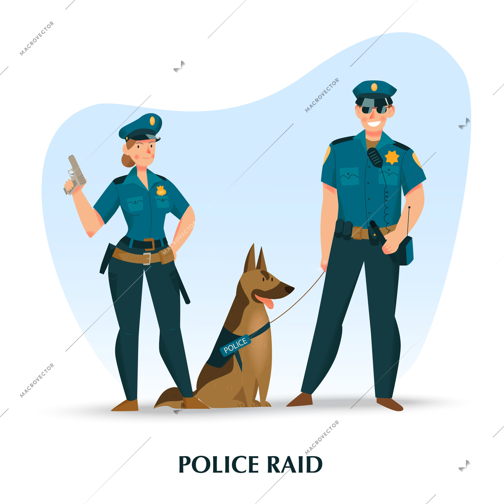 Female job concept with police raid symbols flat vector illustration