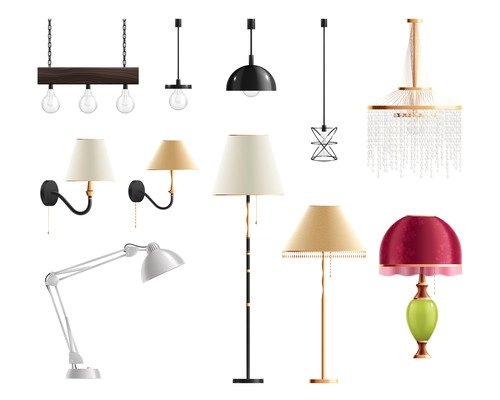 House lighting lamps realistic set of isolated icons and images of designer lamps for various interiors vector illustration