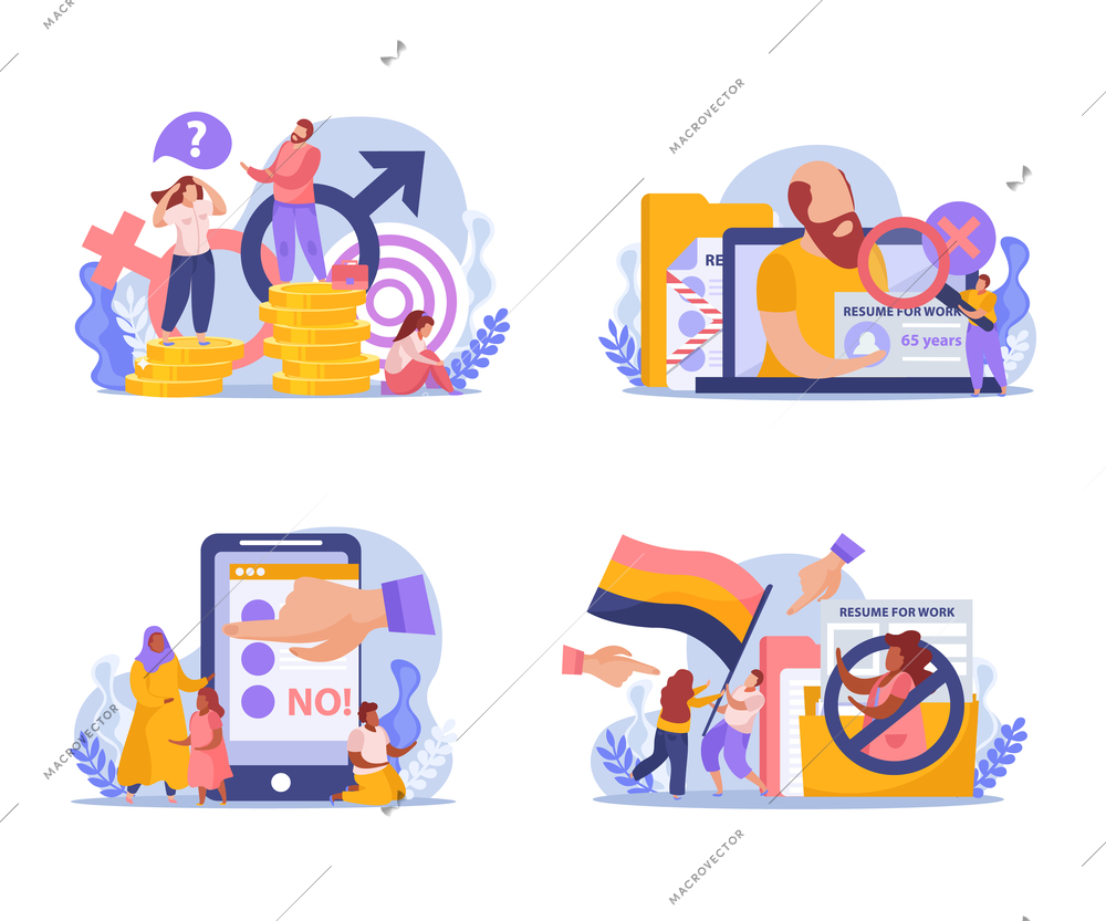 Discrimination concept 4 flat compositions with gender pay gap racism religious age immigrants employment problems isolated vector illustration