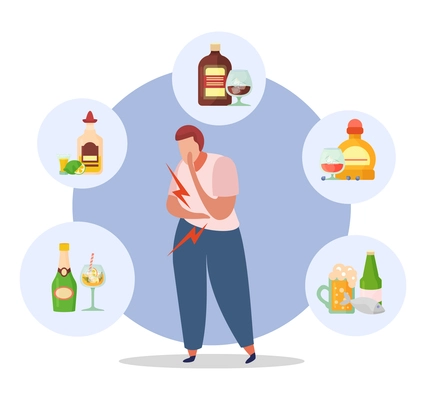 Excessive drinking flat circular background composition with suffering person surrounded by beer wine alcoholic cocktail vector illustration