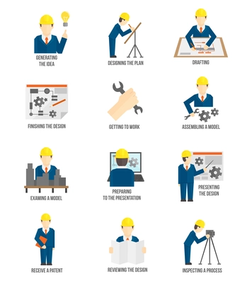 Set of construction industry engineer workers icons in flat style for profession science vector illustration