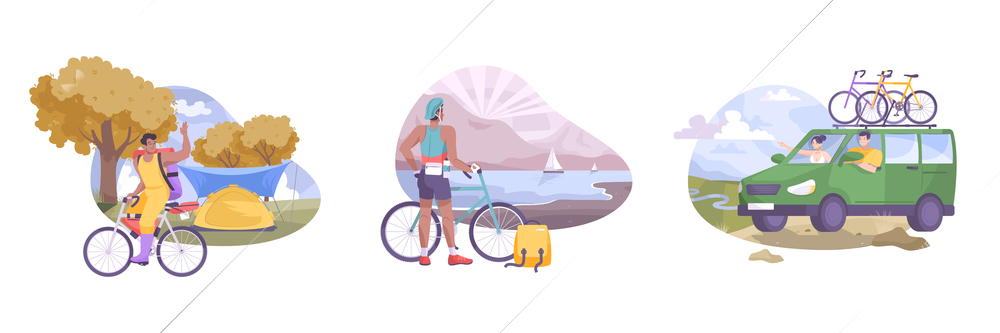 Flat bike tourism composition with three situations tourism walk across landscape and car rides vector illustration